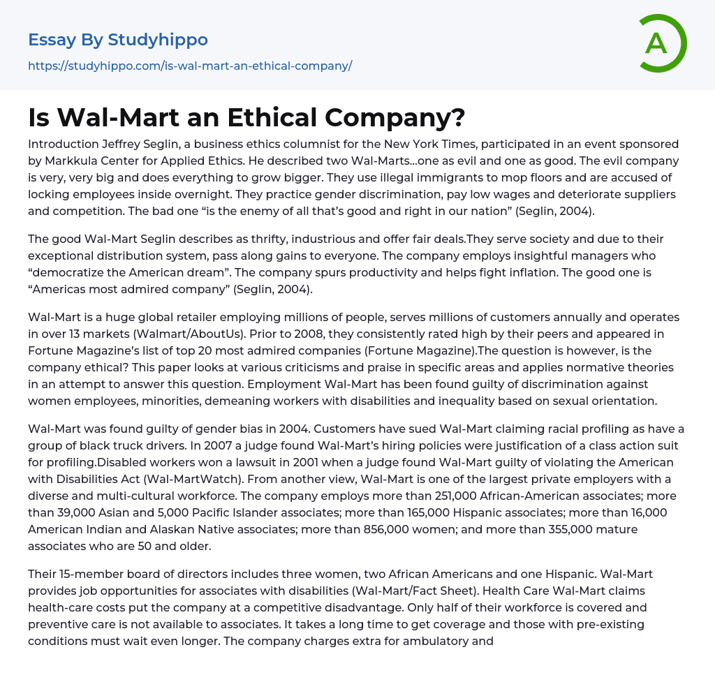 Is Wal-Mart an Ethical Company? Essay Example