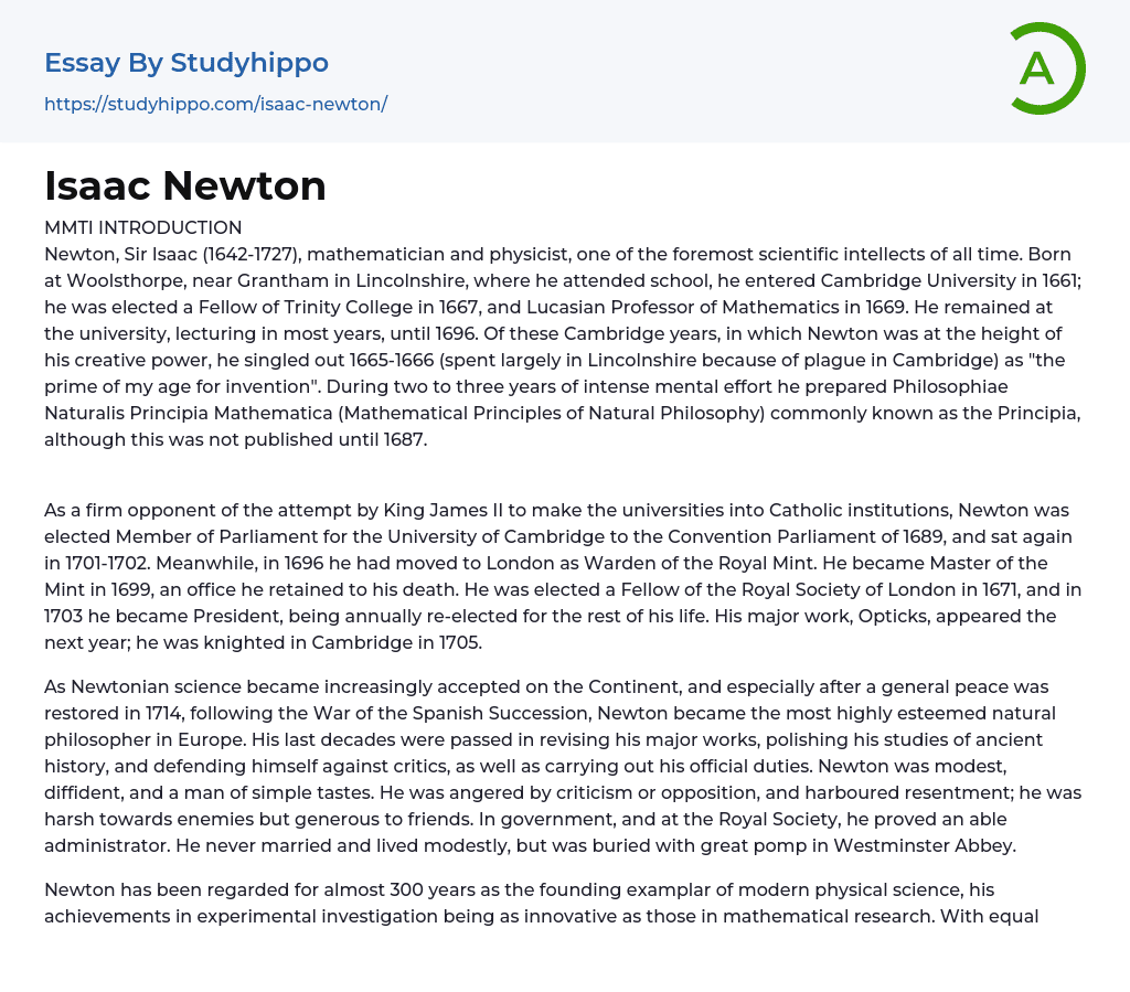 Isaac Newton Essay Example