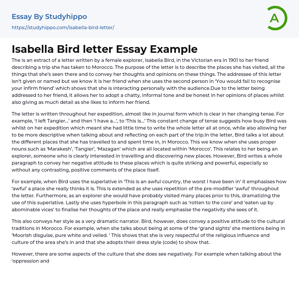 Isabella Bird letter Essay Example