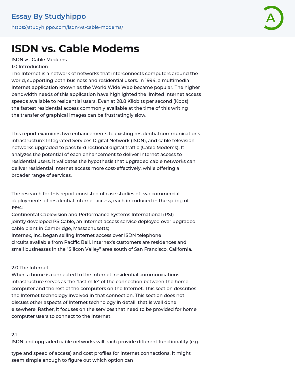 ISDN vs. Cable Modems Essay Example
