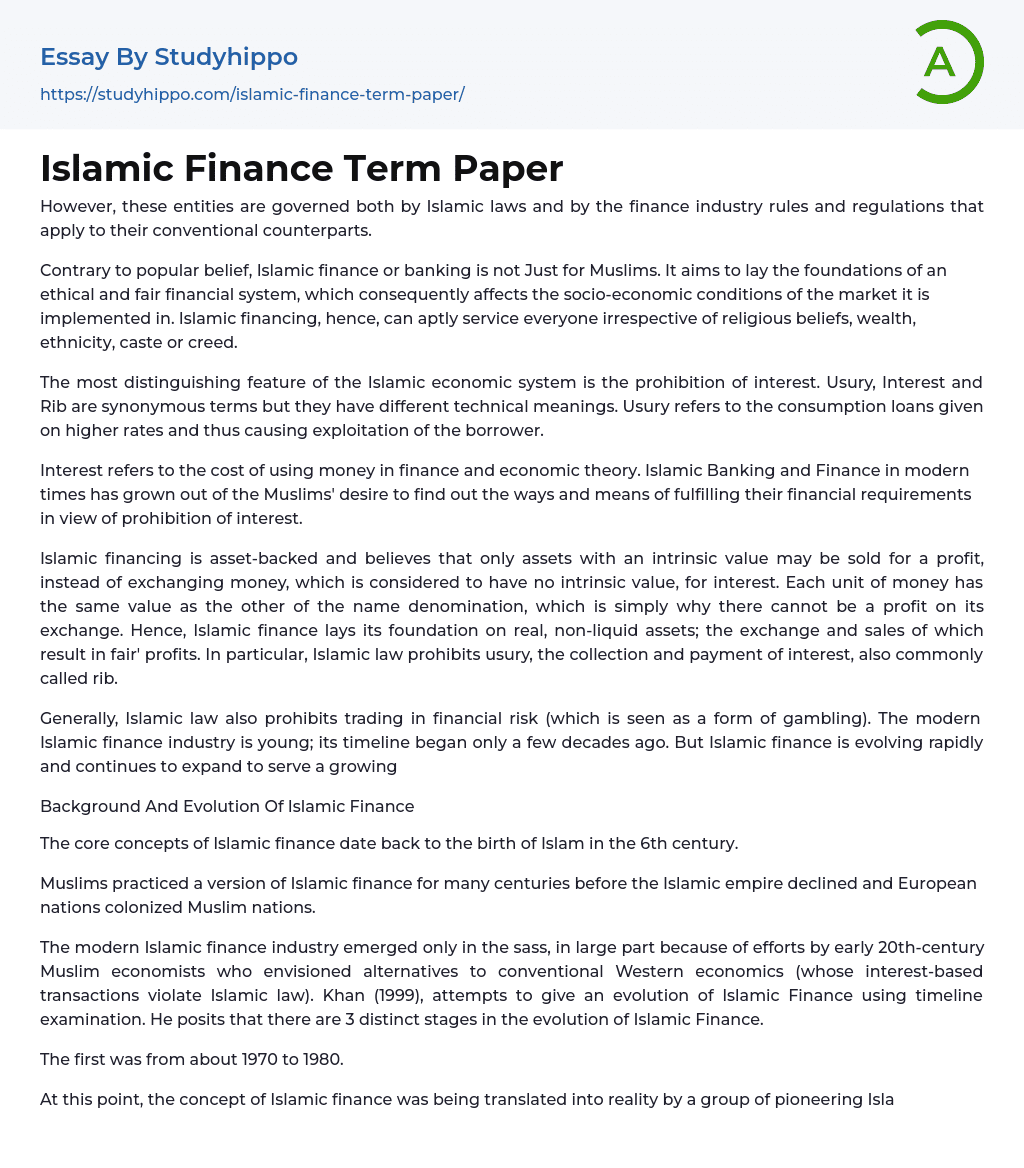 Islamic Finance Term Paper Essay Example