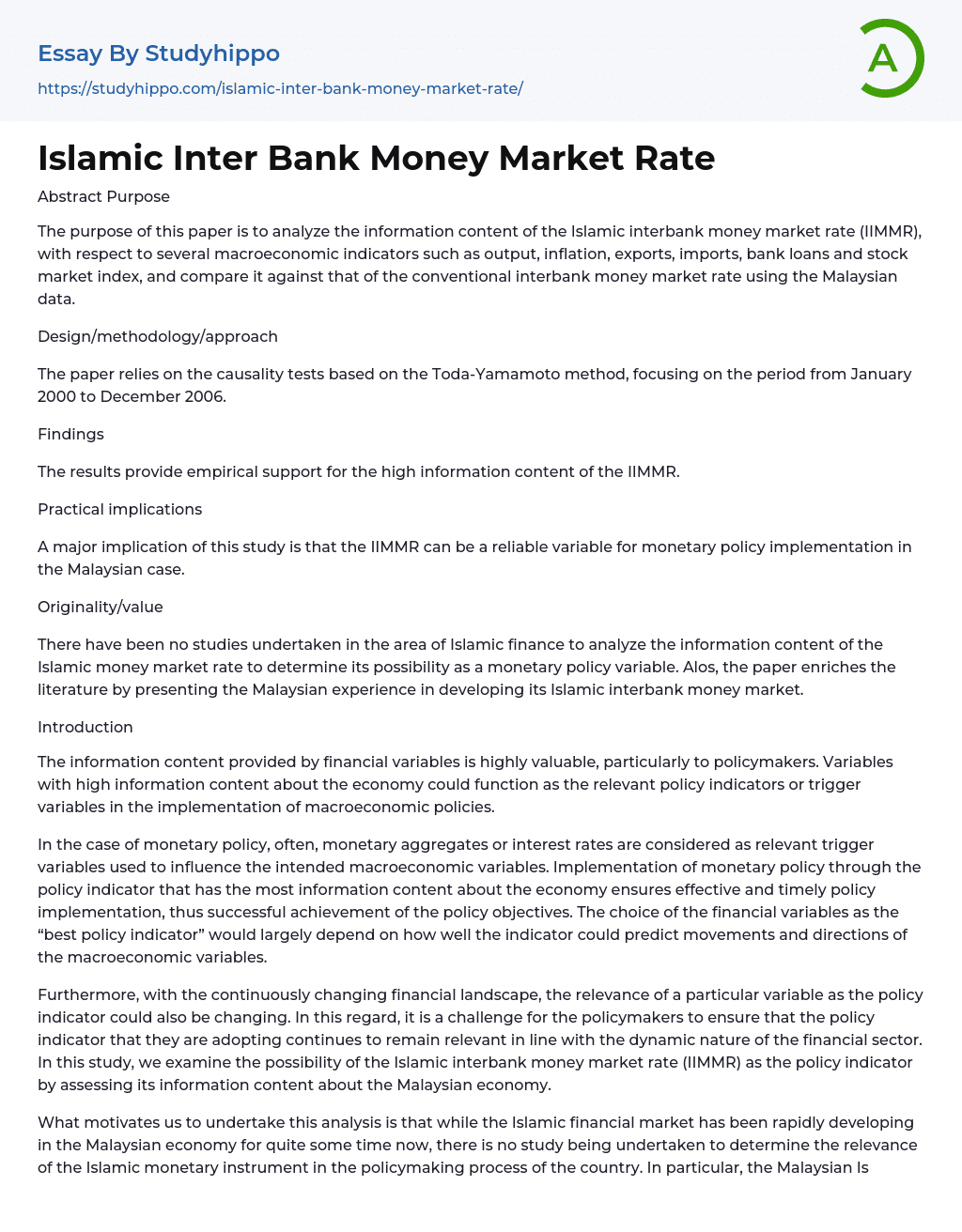 Islamic Inter Bank Money Market Rate Essay Example