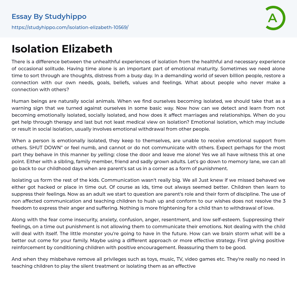 Isolation Elizabeth Essay Example