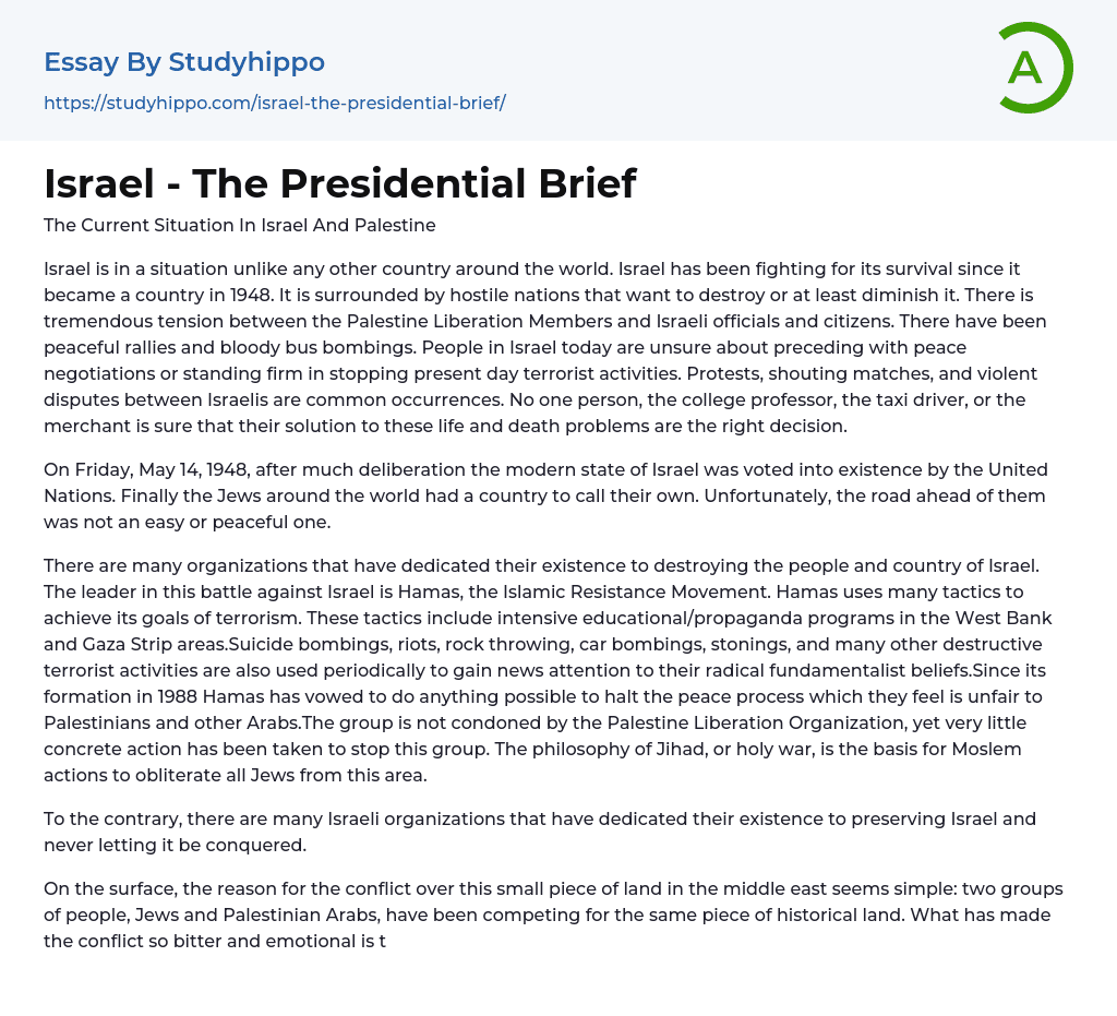 Israel – The Presidential Brief Essay Example