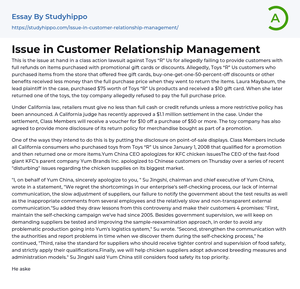 Issue in Customer Relationship Management Essay Example