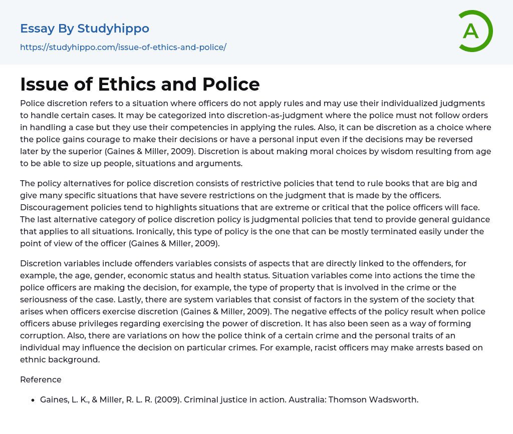 Issue of Ethics and Police Essay Example