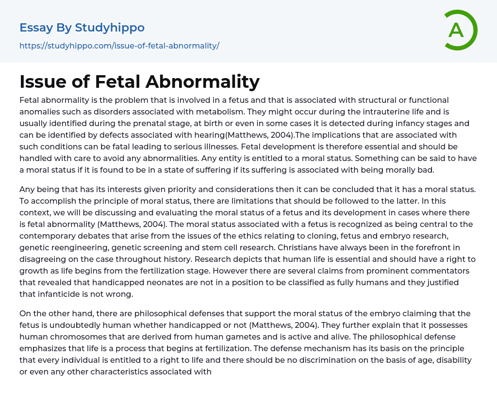 Issue of Fetal Abnormality Essay Example