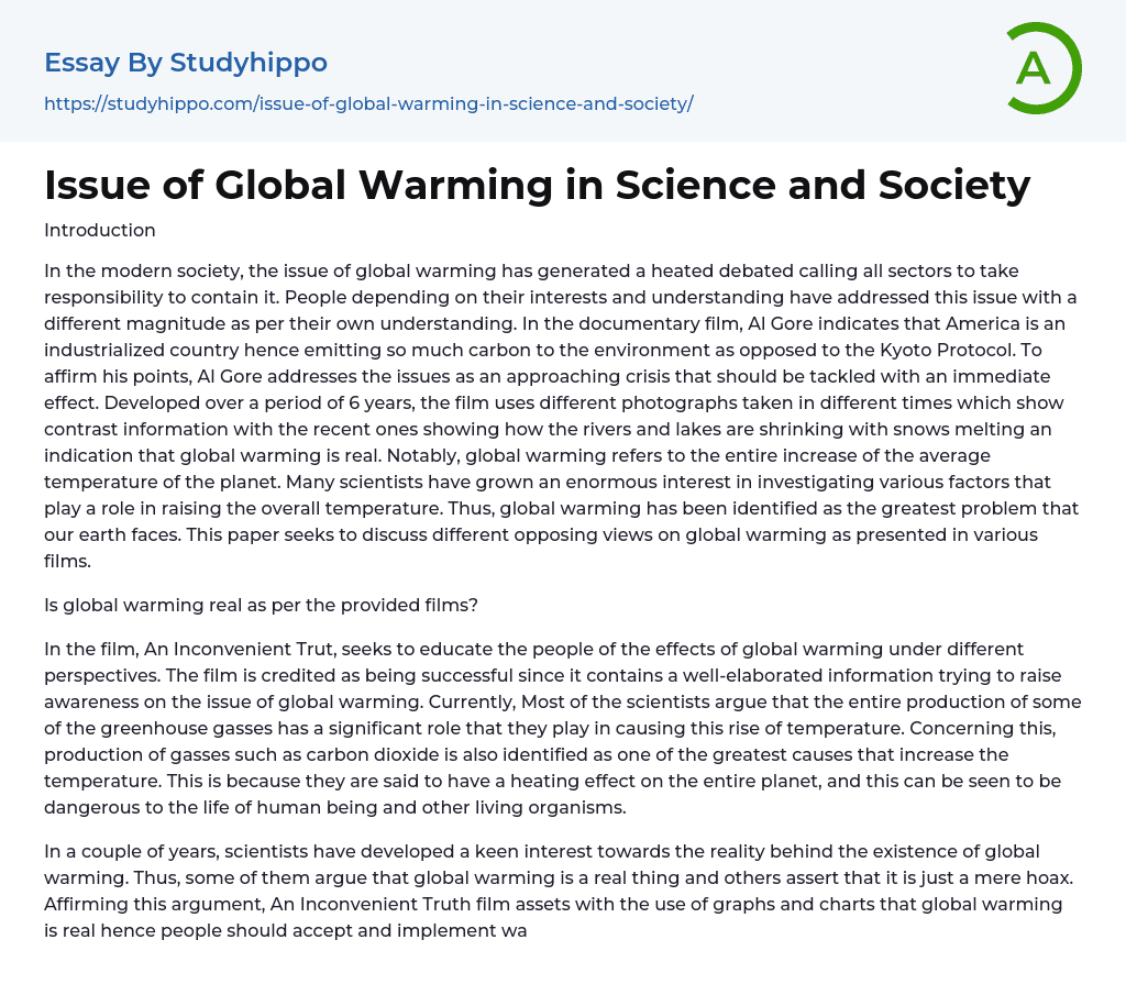 Issue of Global Warming in Science and Society Essay Example