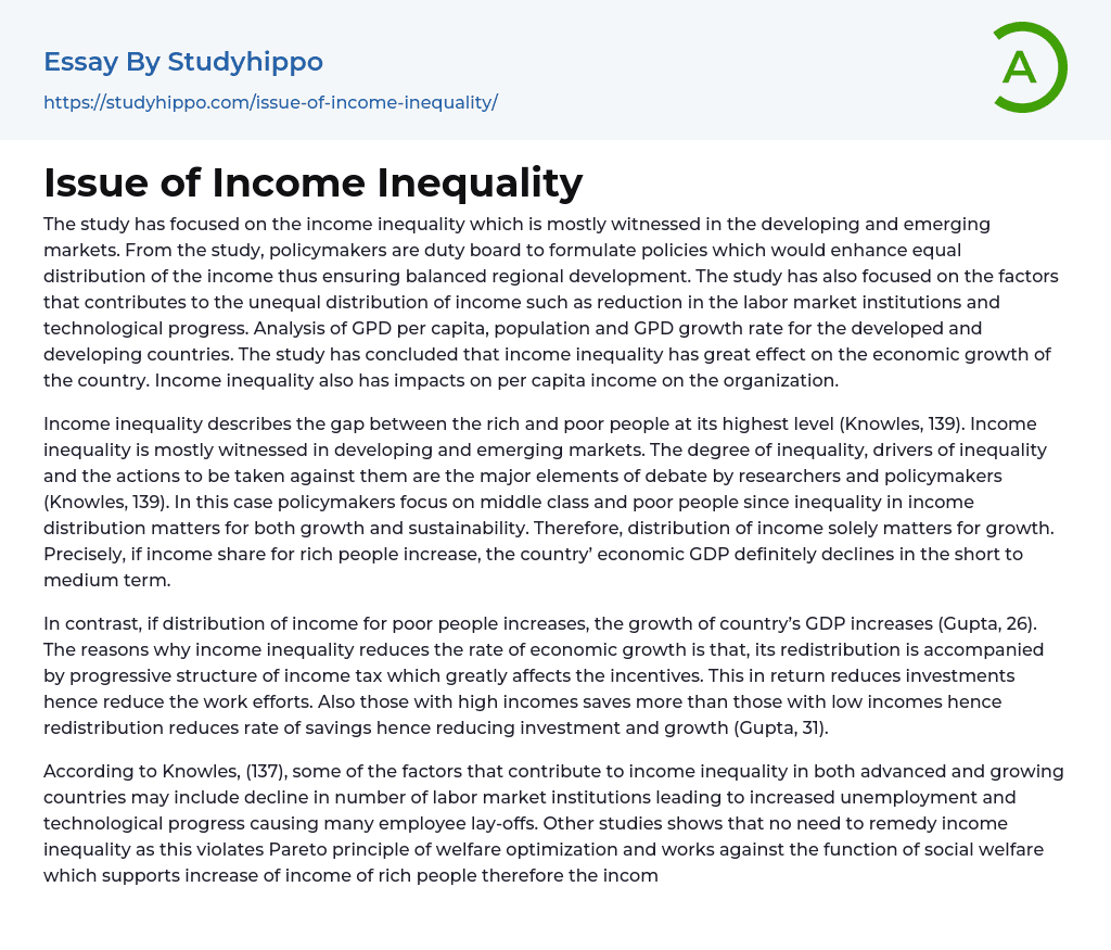 Issue of Income Inequality Essay Example