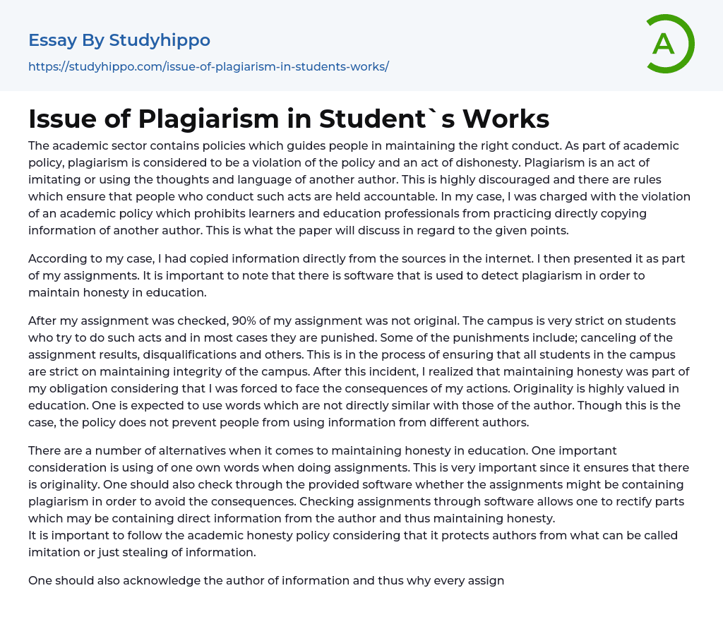 Issue of Plagiarism in Student`s Works Essay Example