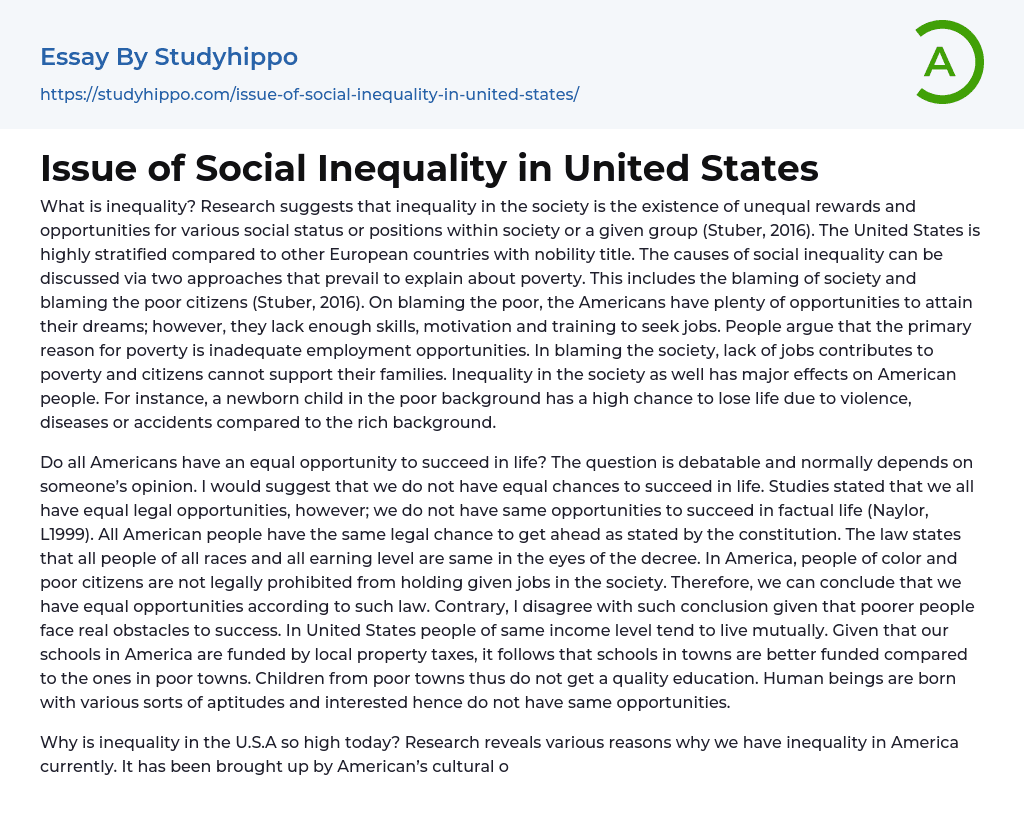 Issue of Social Inequality in United States Essay Example