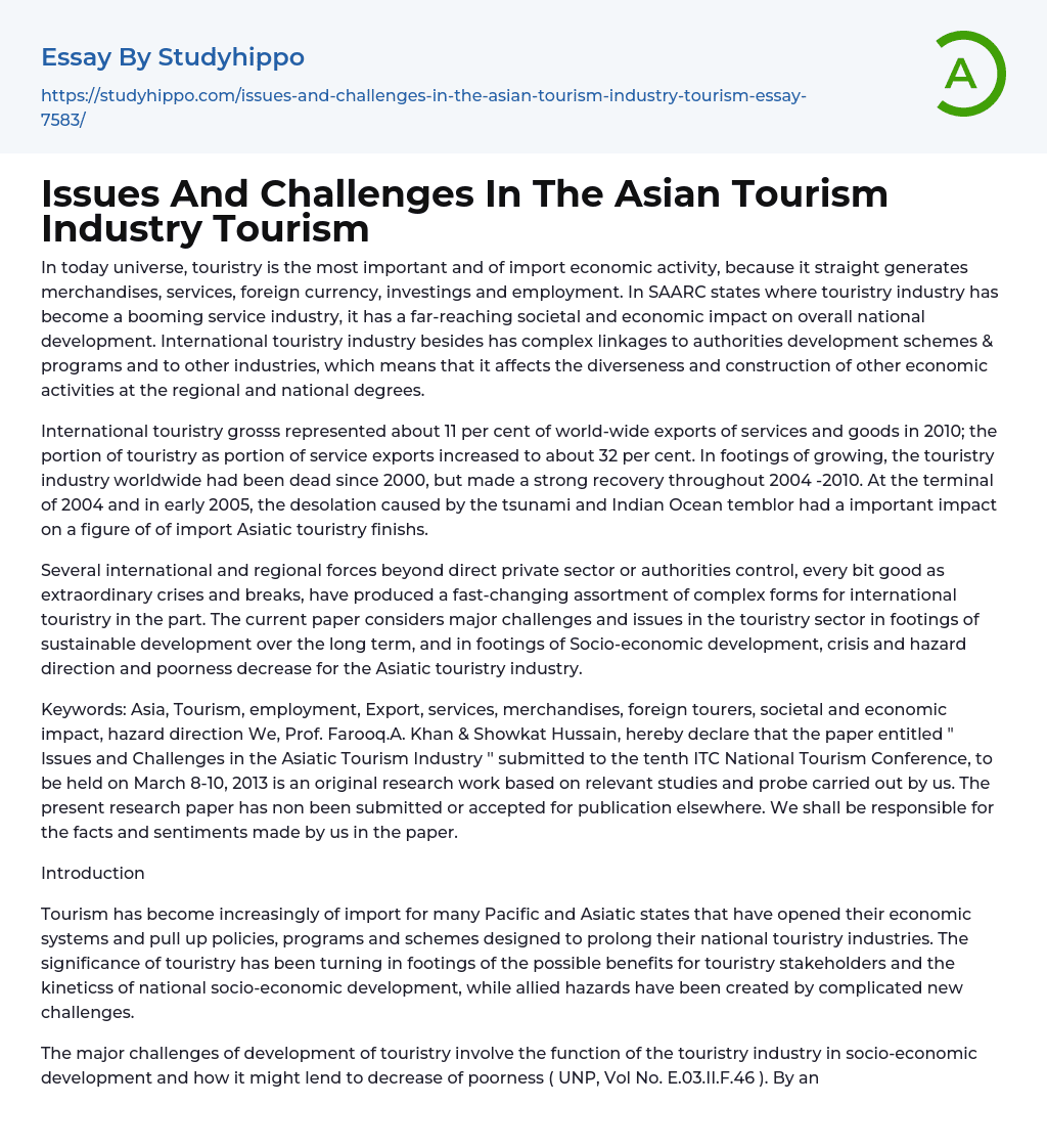 Issues And Challenges In The Asian Tourism Industry Tourism Essay Example