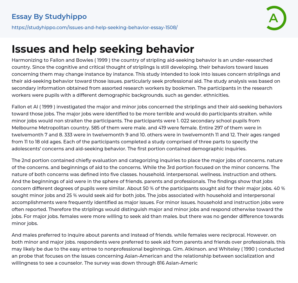 Issues and help seeking behavior Essay Example