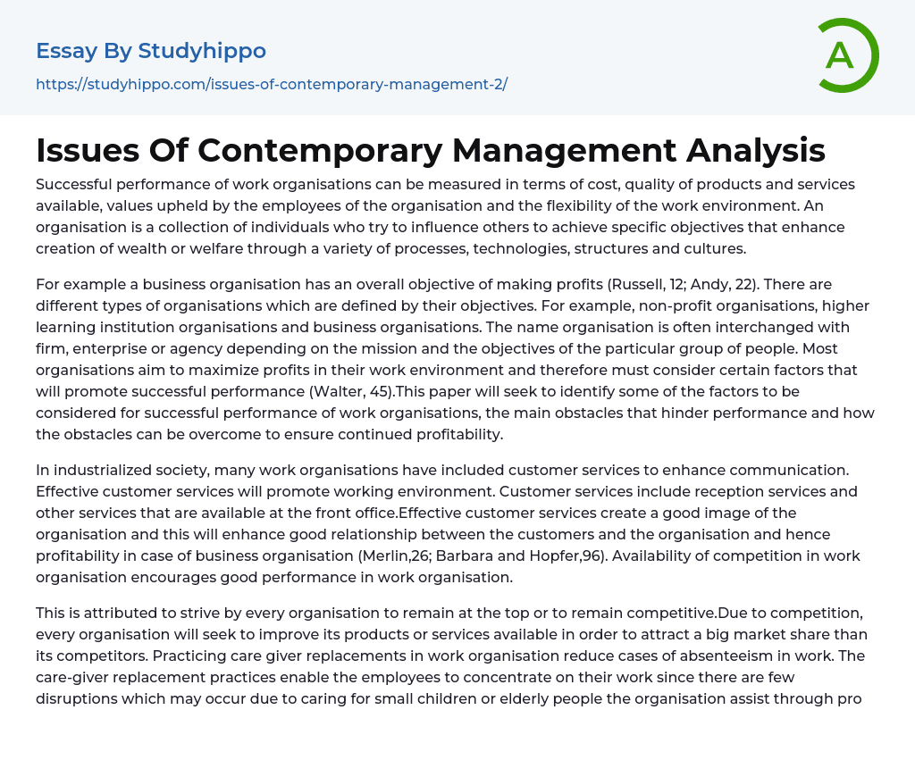Issues Of Contemporary Management Analysis Essay Example
