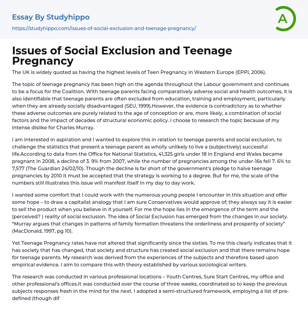 Issues of Social Exclusion and Teenage Pregnancy Essay Example