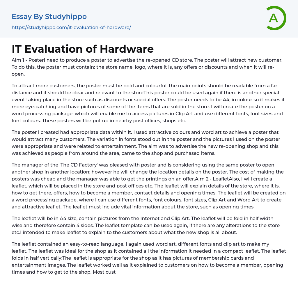IT Evaluation of Hardware Essay Example