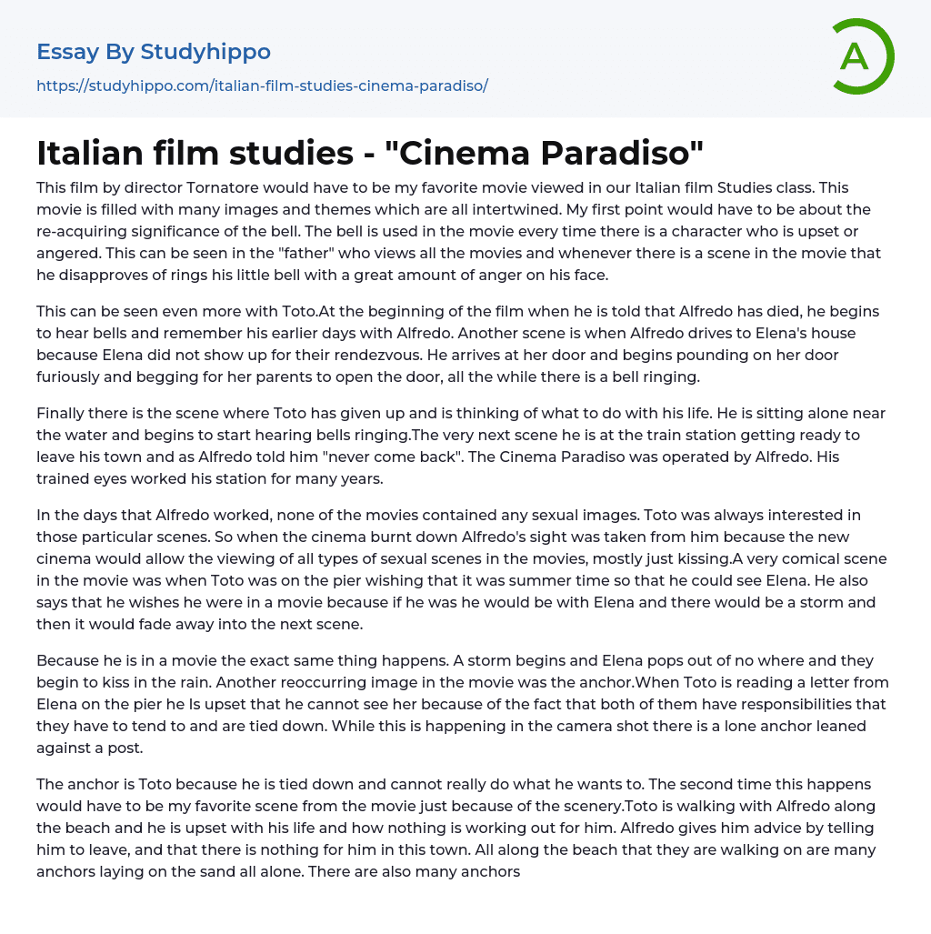 Italian film studies – “Cinema Paradiso” Essay Example