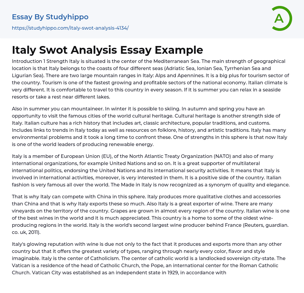 Italy Swot Analysis Essay Example
