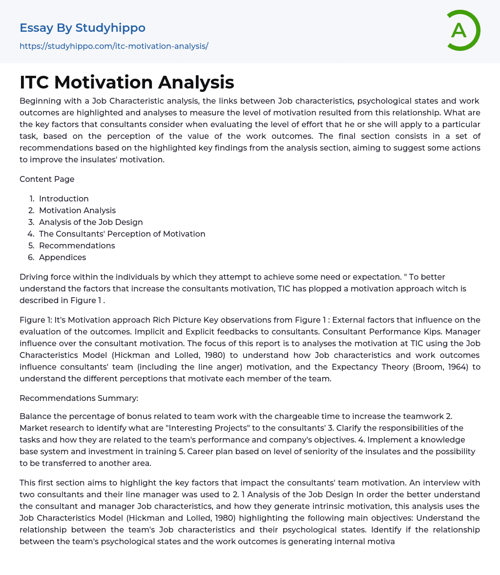 ITC Motivation Analysis Essay Example