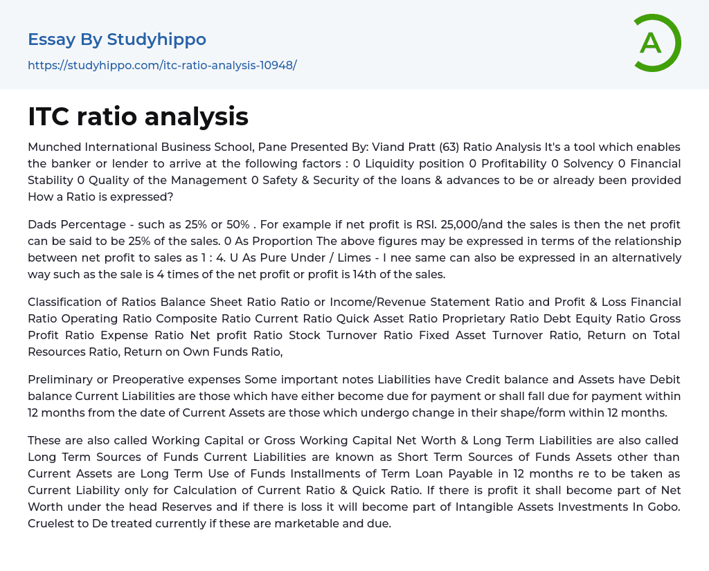 ITC ratio analysis Essay Example