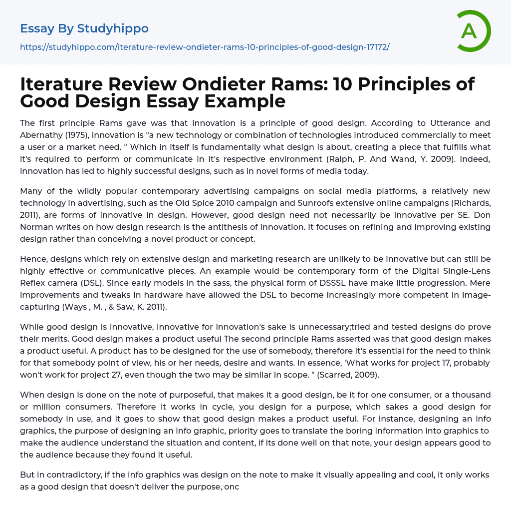 Iterature Review Ondieter Rams: 10 Principles of Good Design Essay Example