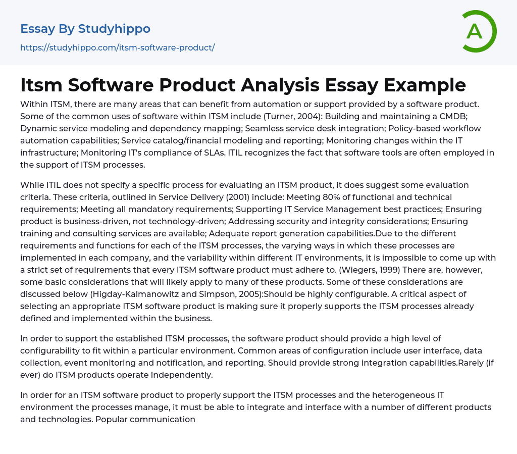 Itsm Software Product Analysis Essay Example