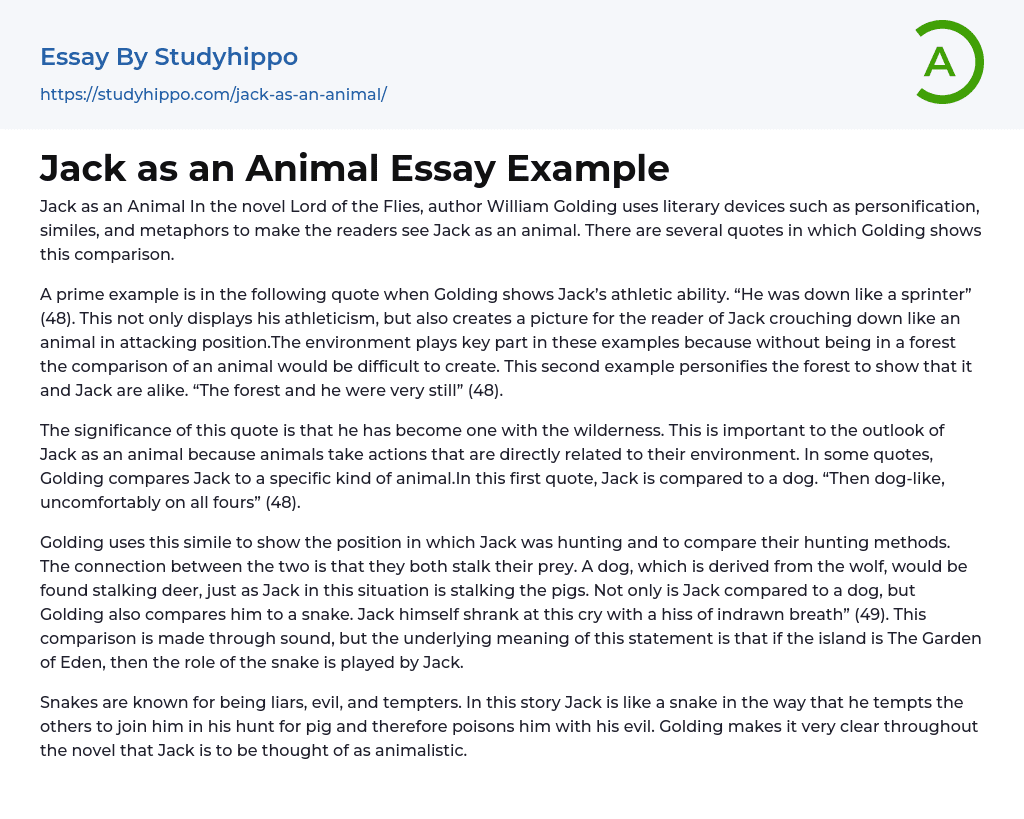 Jack as an Animal Essay Example