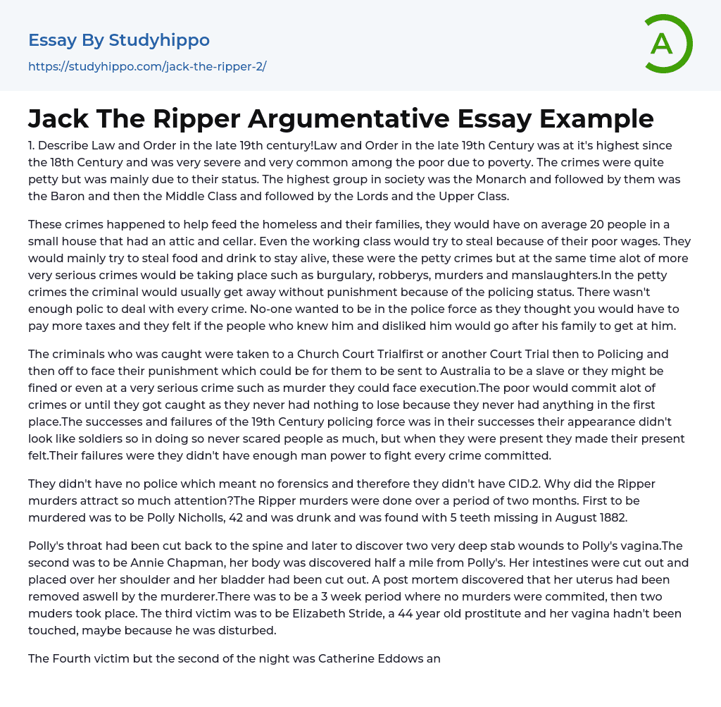 Jack The Ripper Argumentative Essay Example
