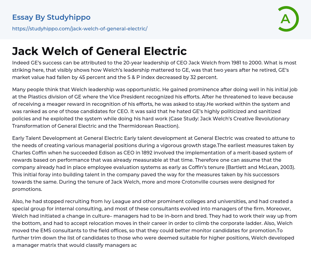 Jack Welch of General Electric Essay Example
