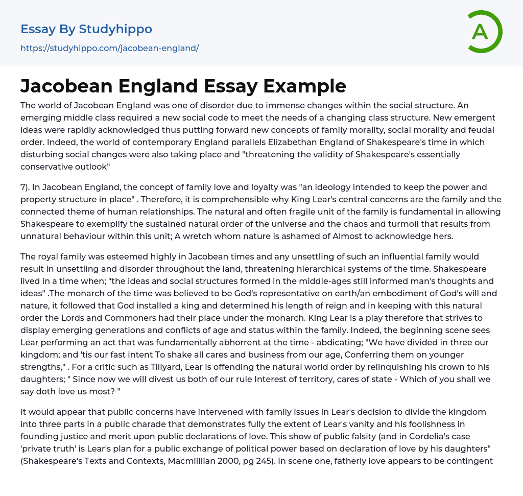 Jacobean England Essay Example