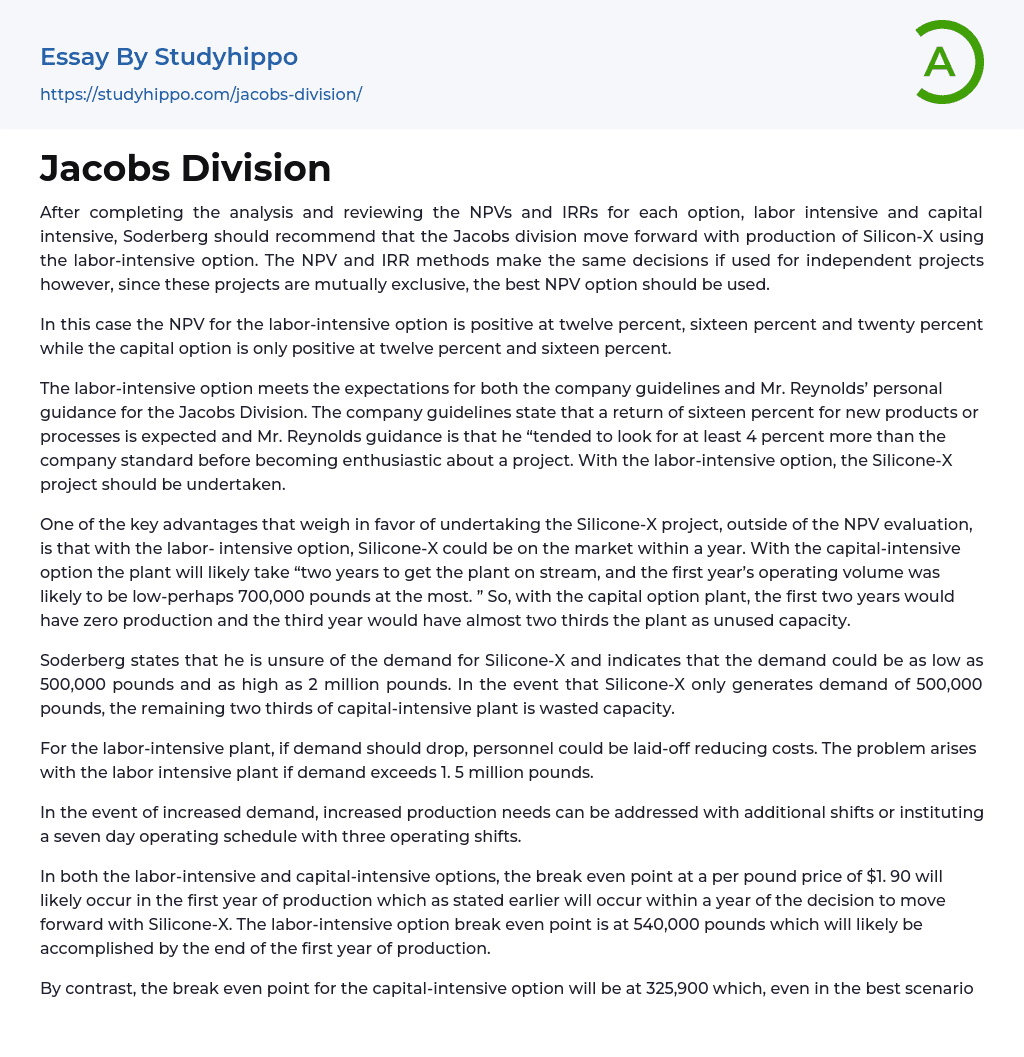 Jacobs Division Essay Example