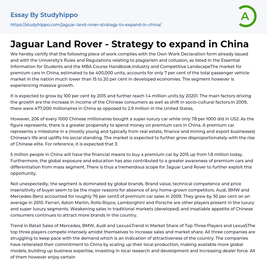 Jaguar Land Rover – Strategy to expand in China Essay Example