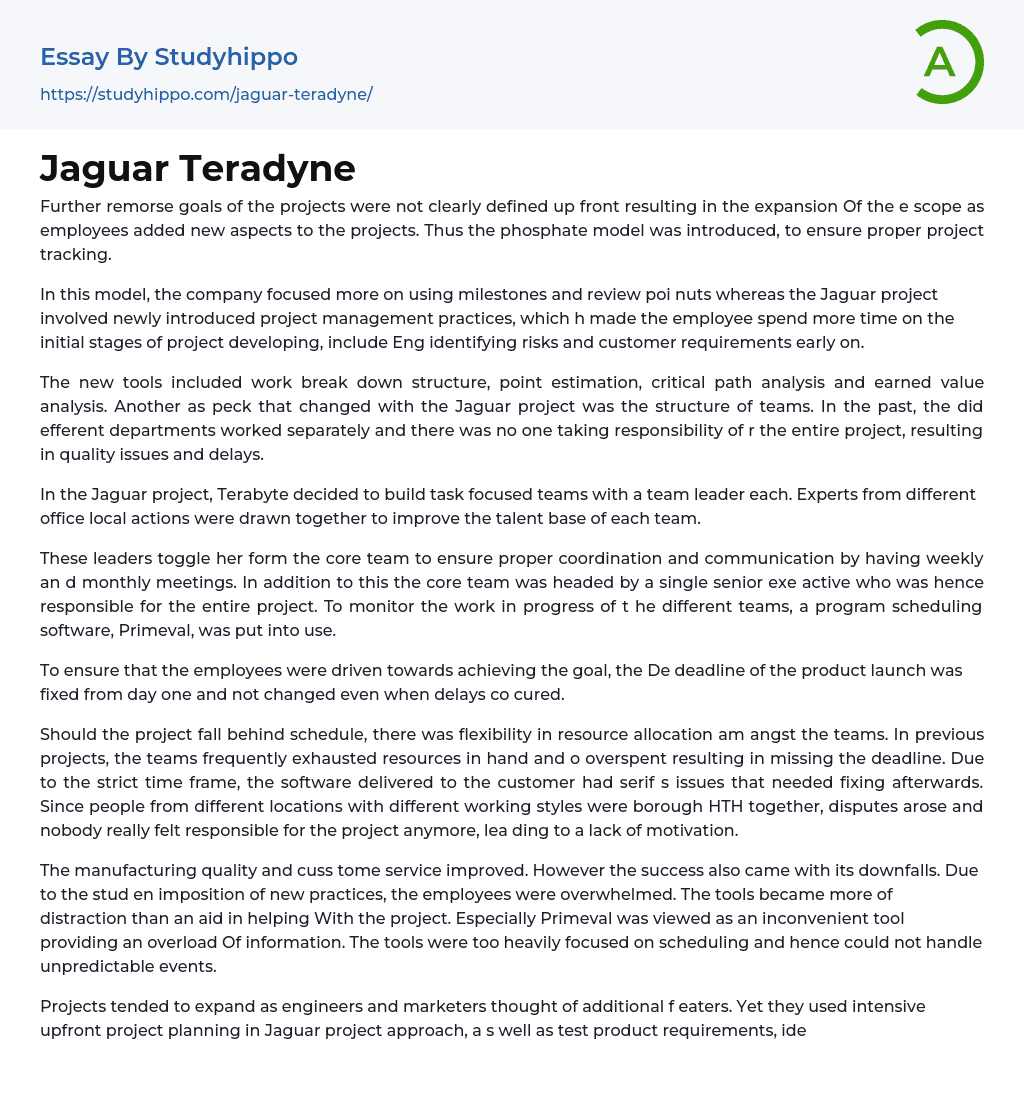 Jaguar Teradyne Essay Example