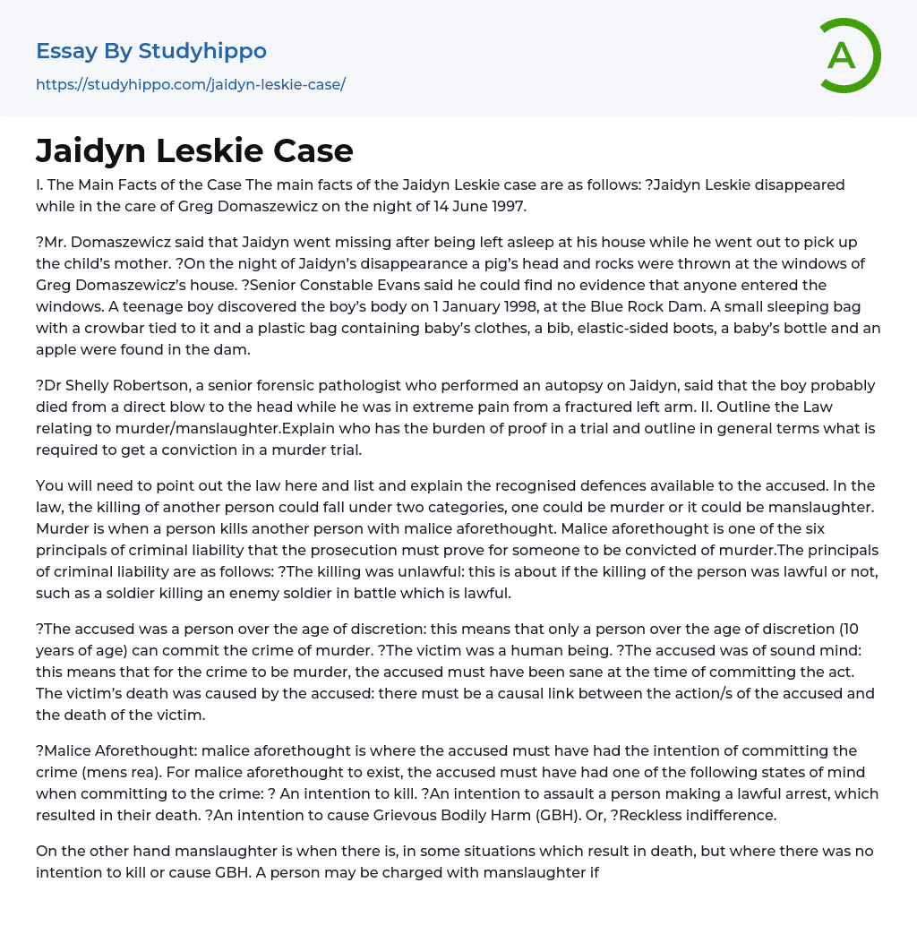 Jaidyn Leskie Case Essay Example