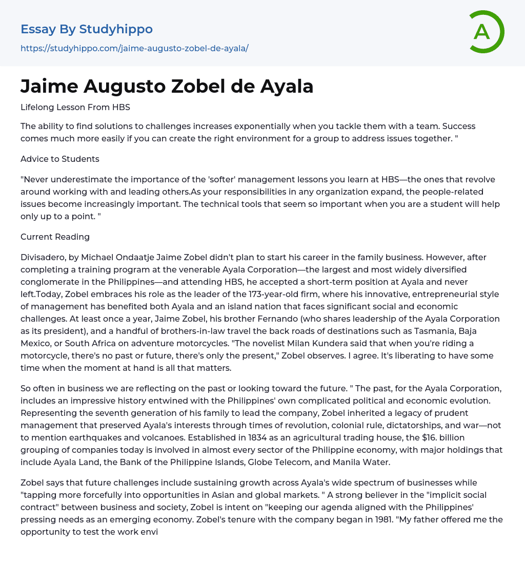 Jaime Augusto Zobel de Ayala Essay Example