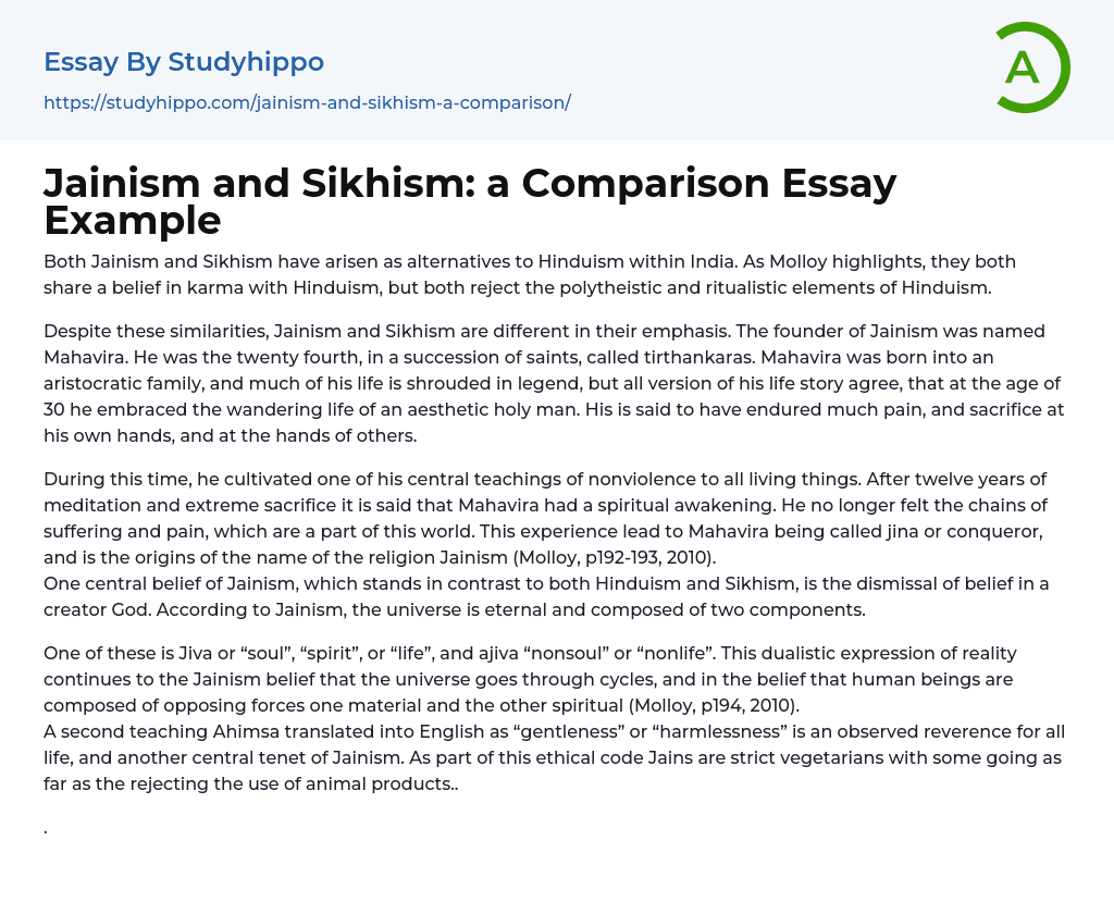 Jainism and Sikhism: a Comparison Essay Example