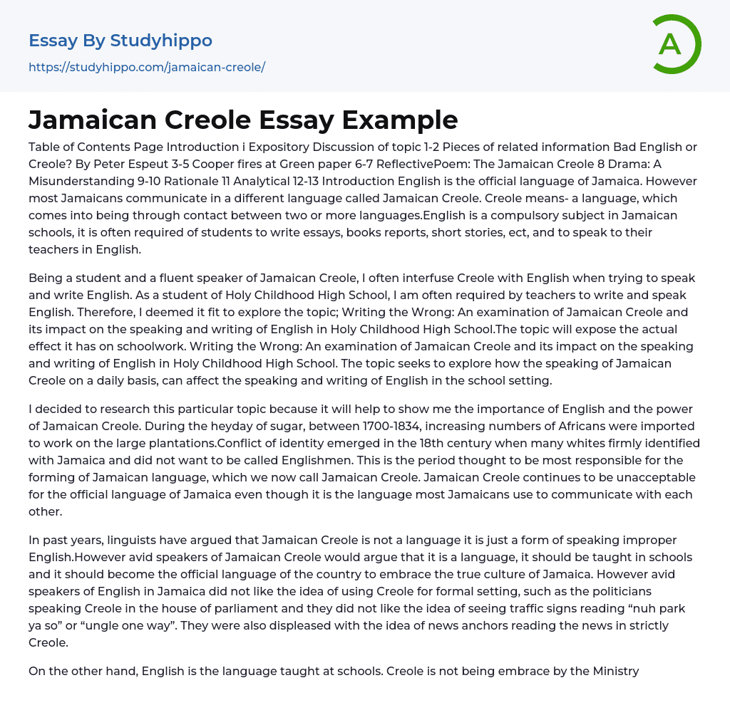 Jamaican Creole Essay Example