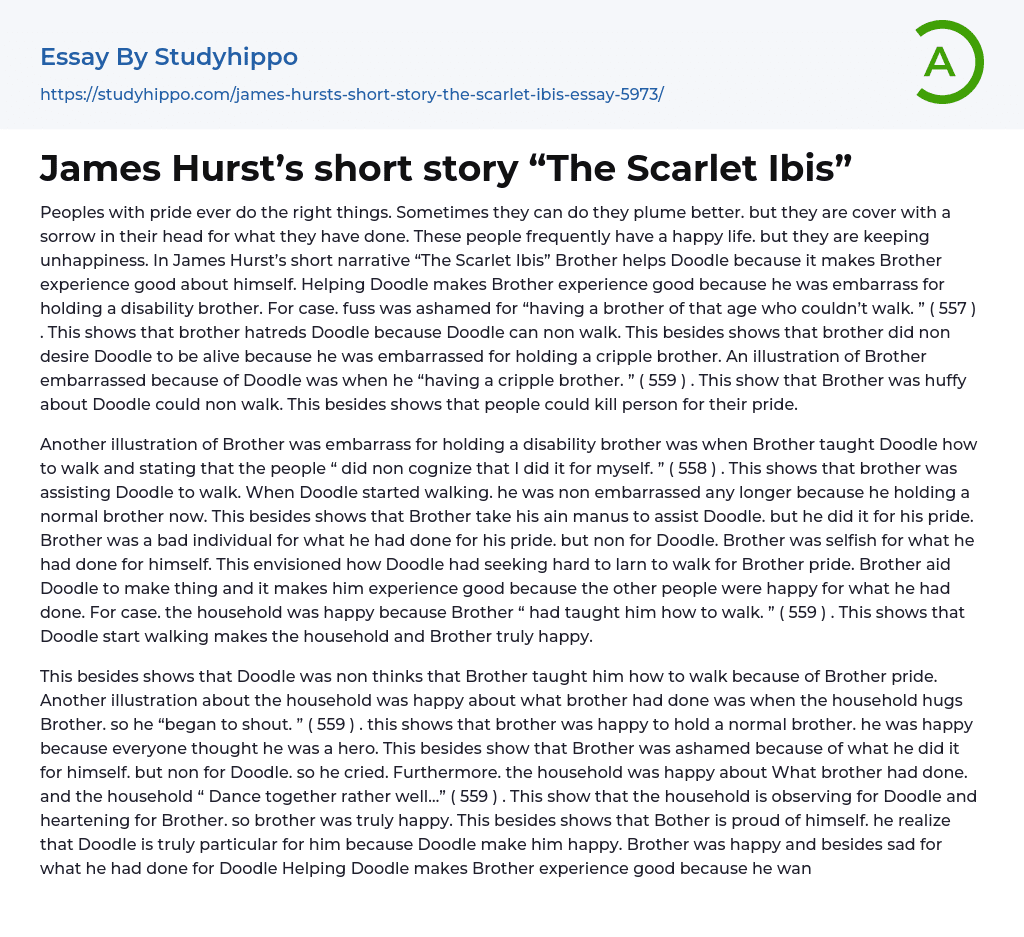 James Hurst’s short story “The Scarlet Ibis” Essay Example