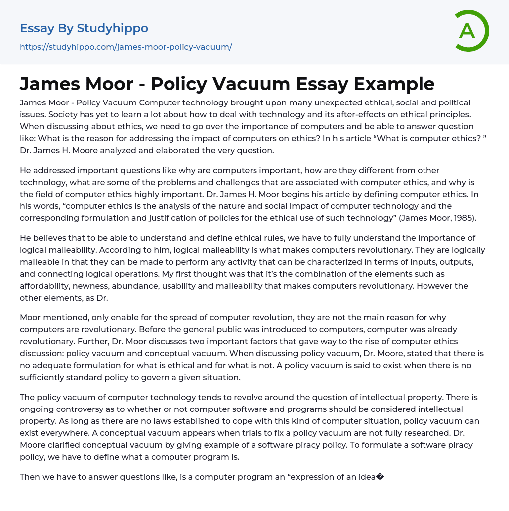 James Moor – Policy Vacuum Essay Example