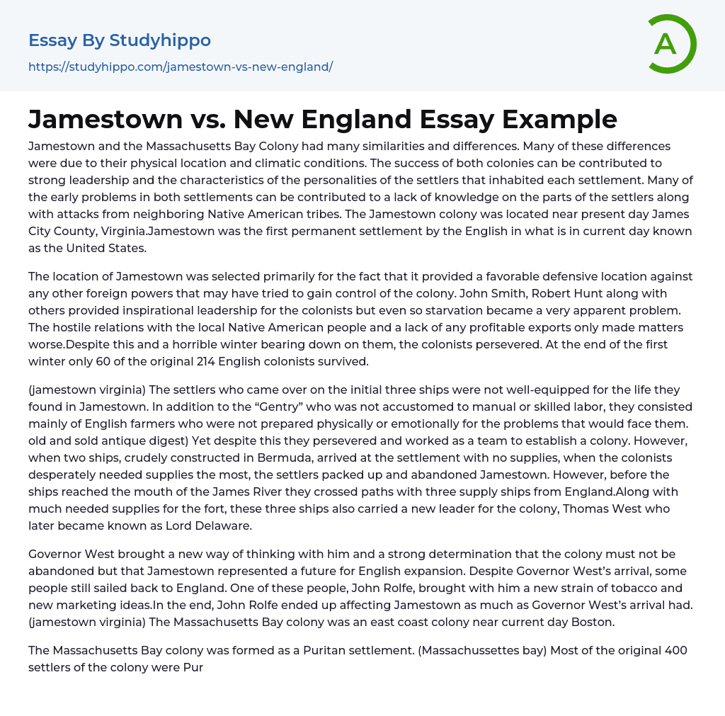 Jamestown vs. New England Essay Example
