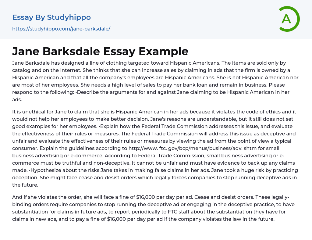 Jane Barksdale Essay Example