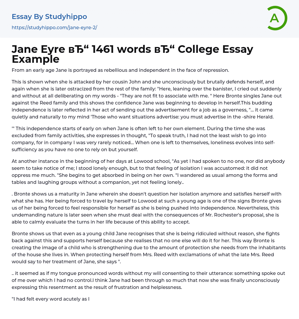 Jane Eyre 1461 words College Essay Example