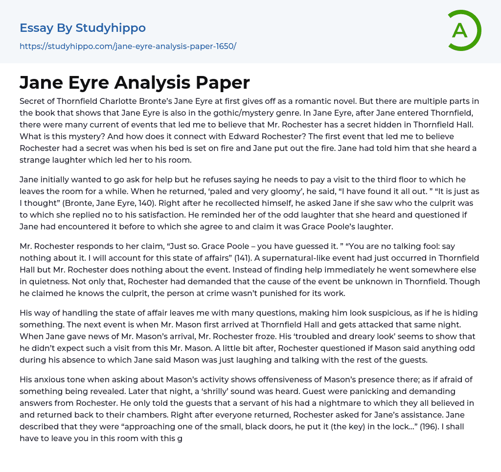 Jane Eyre Analysis Paper Essay Example