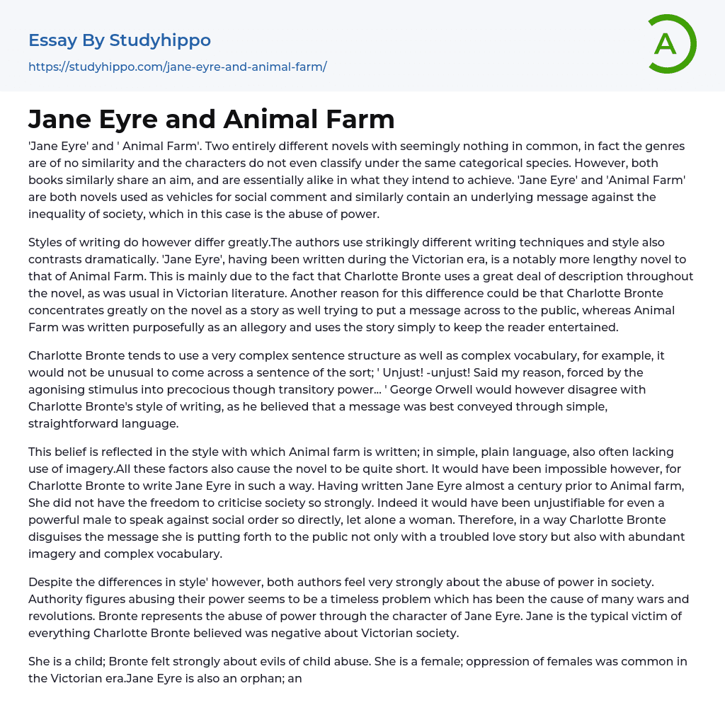 Jane Eyre and Animal Farm Essay Example