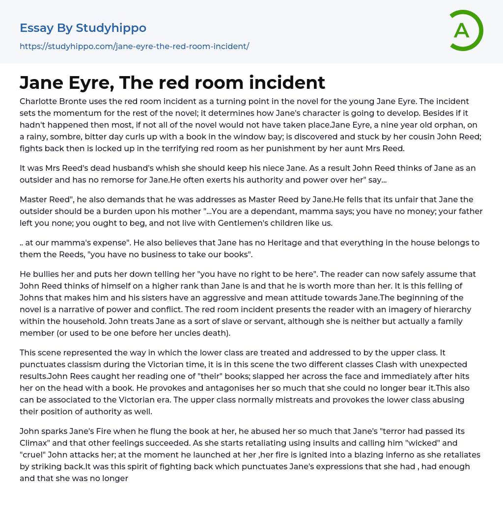 Jane Eyre, The red room incident Essay Example