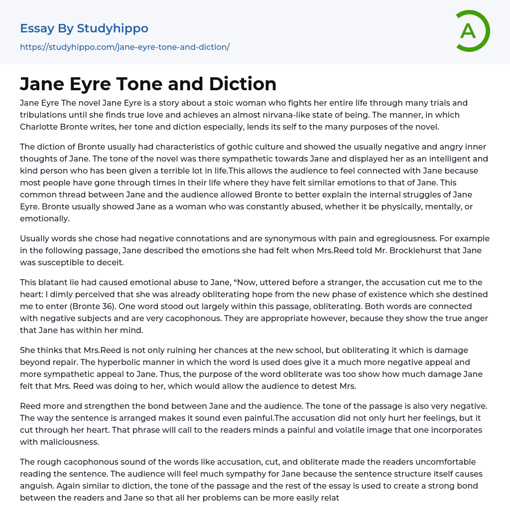 Jane Eyre Tone and Diction Essay Example