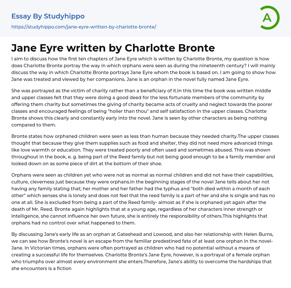 Jane Eyre written by Charlotte Bronte Essay Example