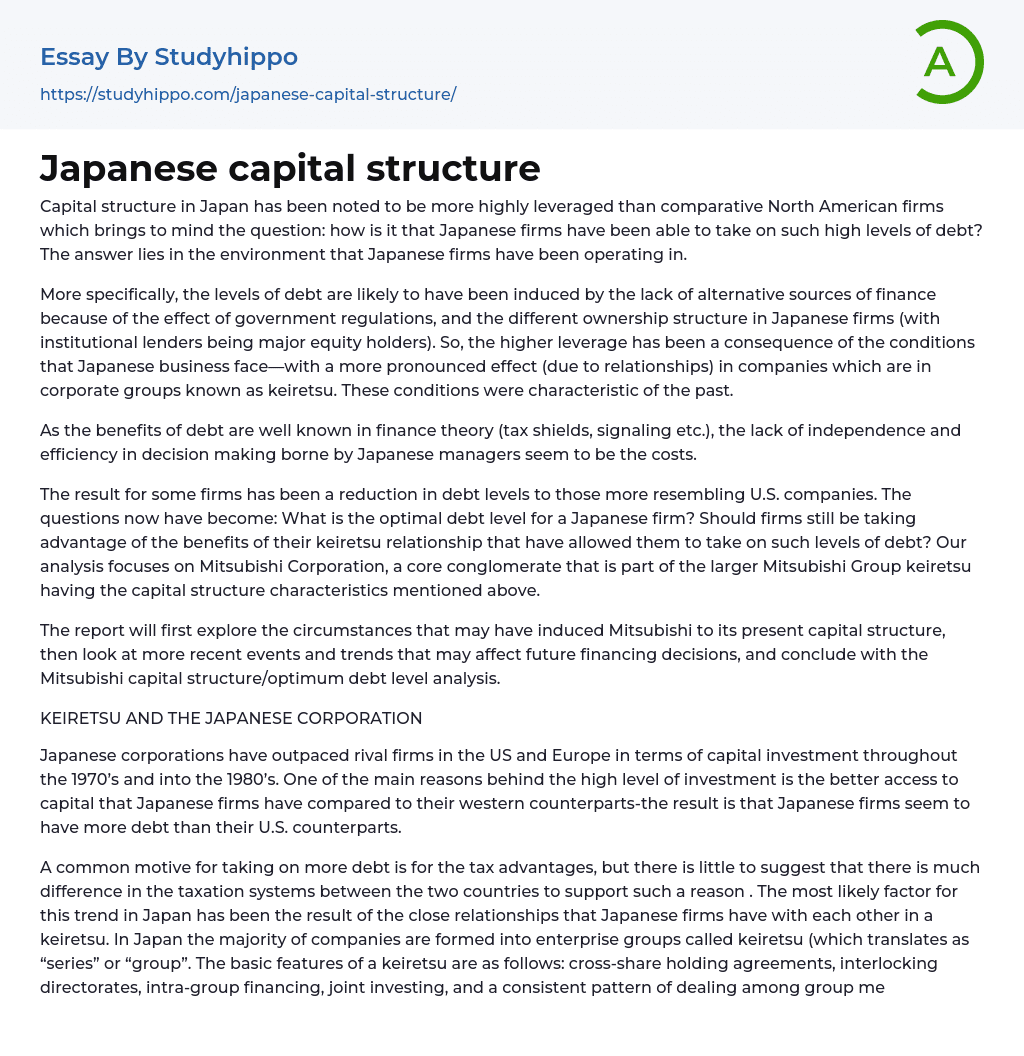 Japanese capital structure Essay Example