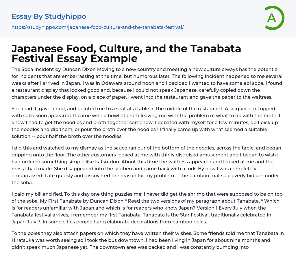 Japanese Food, Culture, and the Tanabata Festival Essay Example