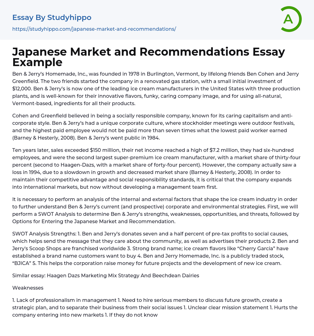 Japanese Market and Recommendations Essay Example